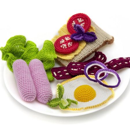 "Breakfast" crocheted food toys set of 14 Pcs for toddler pretend play kitchen or chef Eco-friendly Baby toy